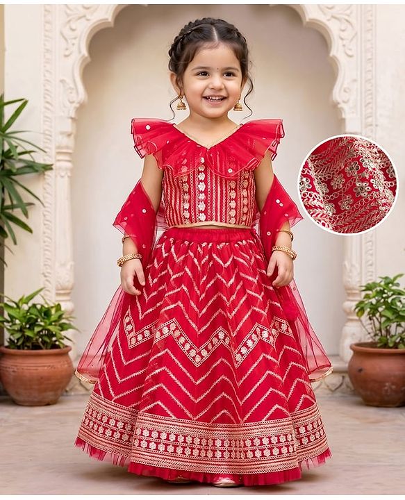 Babyhug Georgette Woven Short Sleeves Floral Embroidered & Sequinned Choli Lahenga Set with Dupatta - Red