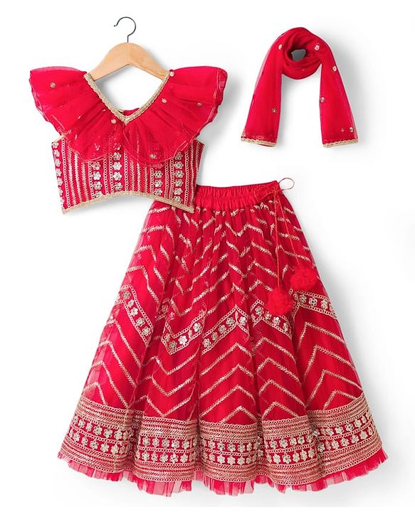 Babyhug Georgette Woven Short Sleeves Floral Embroidered & Sequinned Choli Lahenga Set with Dupatta - Red