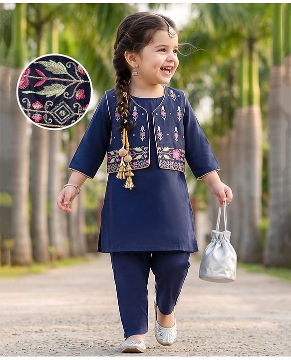Babyhug Rayon Woven Three Fourth Sleeves Solid Colour Kurti Churidar Set with Floral Embroidered Jacket - Navy Blue