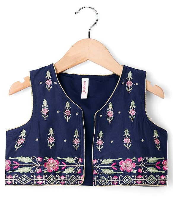 Babyhug Rayon Woven Three Fourth Sleeves Solid Colour Kurti Churidar Set with Floral Embroidered Jacket - Navy Blue