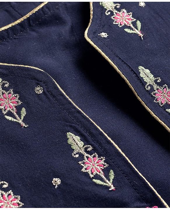 Babyhug Rayon Woven Three Fourth Sleeves Solid Colour Kurti Churidar Set with Floral Embroidered Jacket - Navy Blue