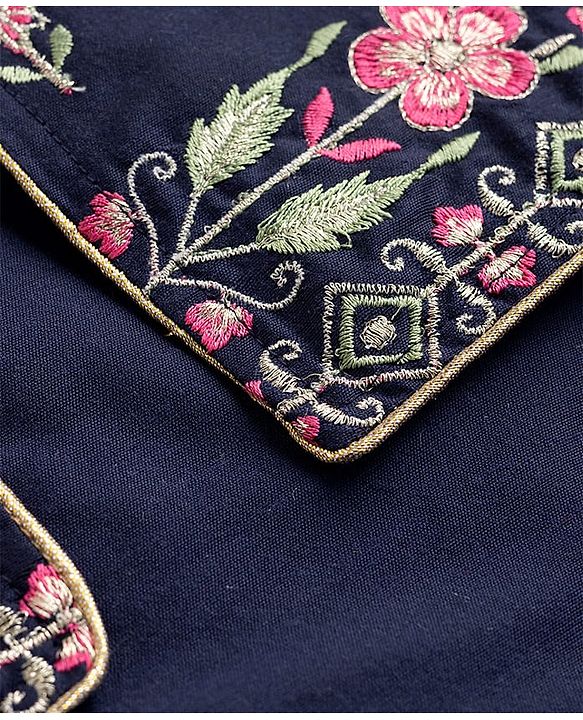 Babyhug Rayon Woven Three Fourth Sleeves Solid Colour Kurti Churidar Set with Floral Embroidered Jacket - Navy Blue
