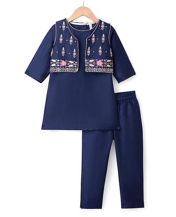Babyhug Rayon Woven Three Fourth Sleeves Solid Colour Kurti Churidar Set with Floral Embroidered Jacket - Navy Blue