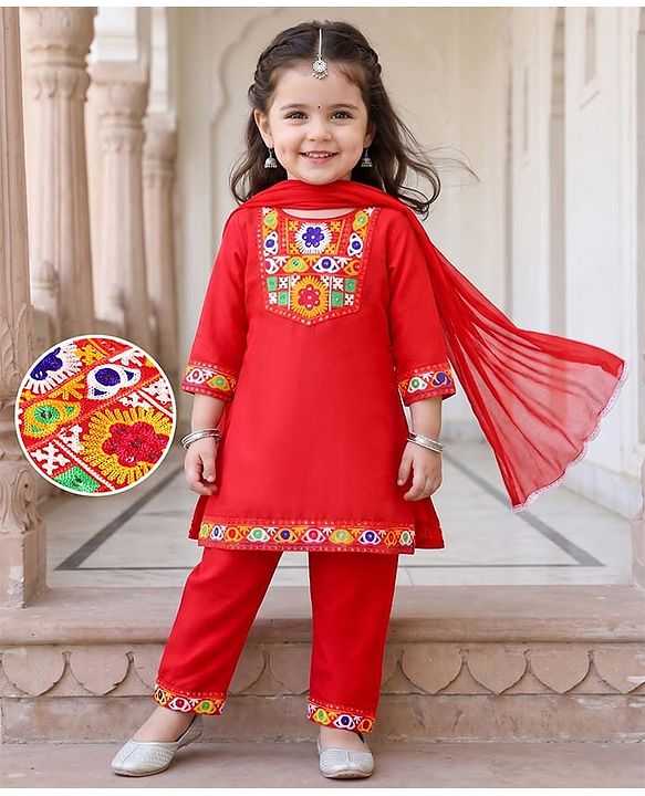 Babyhug Cotton Blend Woven Three Fourth Sleeves Floral Embroidered Kurti Palazo and Dupatta Set - Red