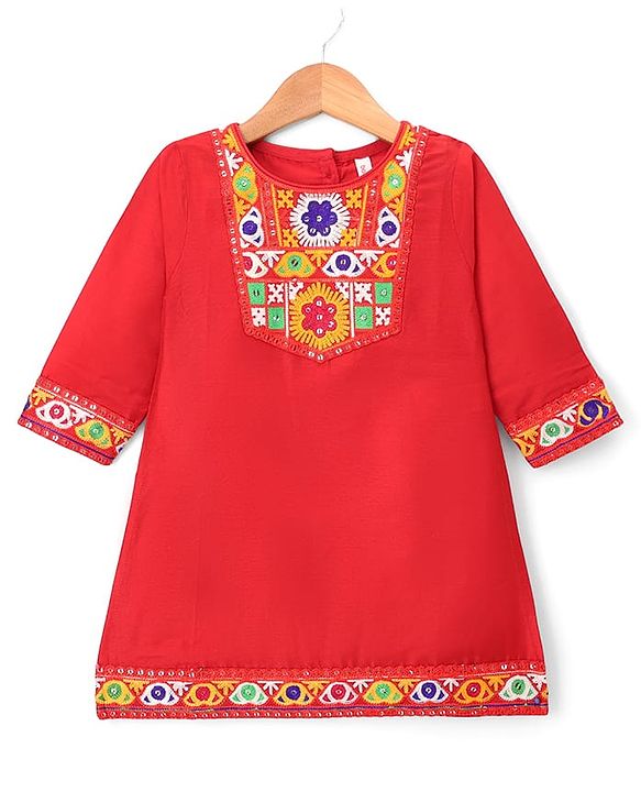 Babyhug Cotton Blend Woven Three Fourth Sleeves Floral Embroidered Kurti Palazo and Dupatta Set - Red