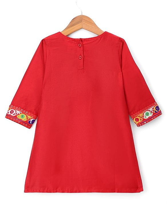 Babyhug Cotton Blend Woven Three Fourth Sleeves Floral Embroidered Kurti Palazo and Dupatta Set - Red