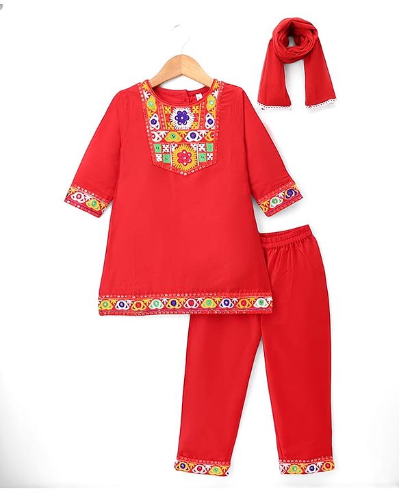 Babyhug Cotton Blend Woven Three Fourth Sleeves Floral Embroidered Kurti Palazo and Dupatta Set - Red