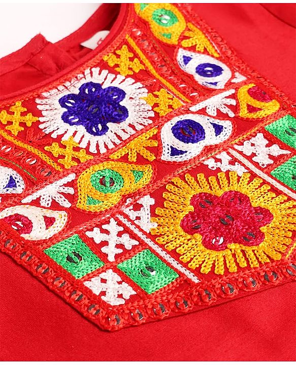 Babyhug Cotton Blend Woven Three Fourth Sleeves Floral Embroidered Kurti Palazo and Dupatta Set - Red