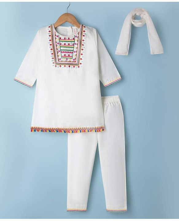 Babyhug Cotton Blend Woven Full Sleeves Floral Embroidered Kurta Palazzo Set With Dupatta - White
