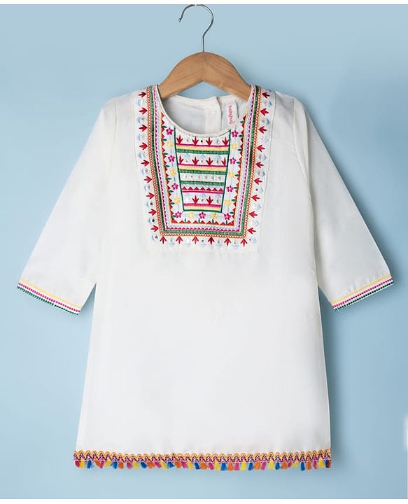 Babyhug Cotton Blend Woven Full Sleeves Floral Embroidered Kurta Palazzo Set With Dupatta - White