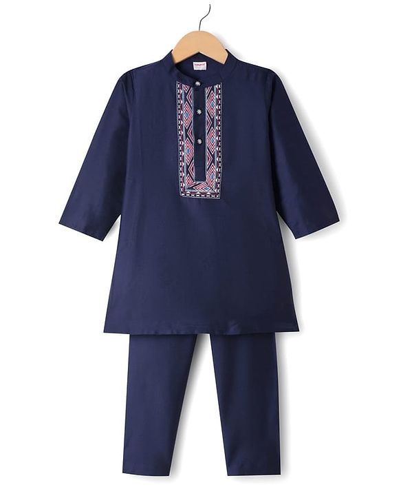 Babyhug Woven Full Sleeves Printed Yoke Kurta Pajama Set - Navy