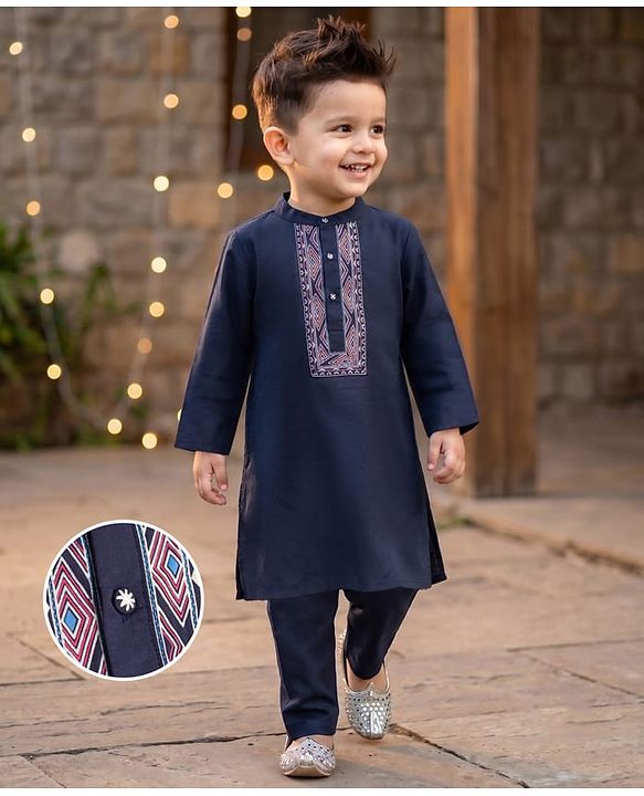 Babyhug Woven Full Sleeves Printed Yoke Kurta Pajama Set - Navy