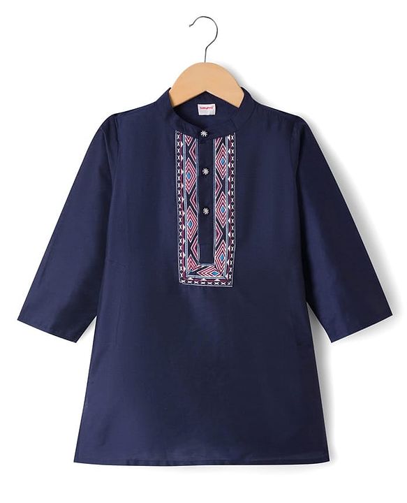 Babyhug Woven Full Sleeves Printed Yoke Kurta Pajama Set - Navy