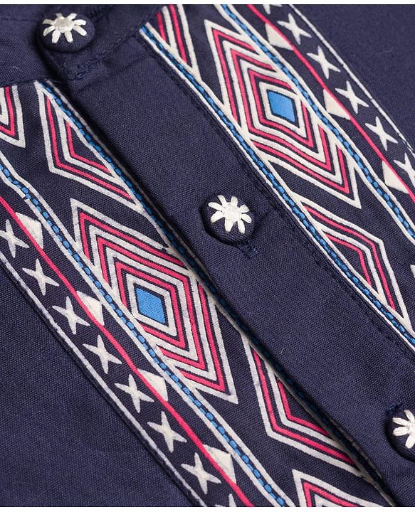 Babyhug Woven Full Sleeves Printed Yoke Kurta Pajama Set - Navy