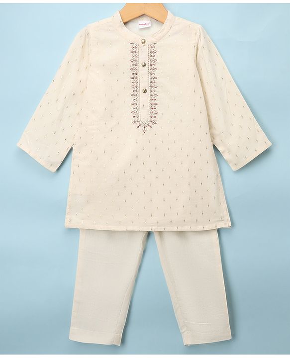 Babyhug Woven Lurex Dobby Full Sleeves Kurta & Pyjama Set With Foil Print - Off White