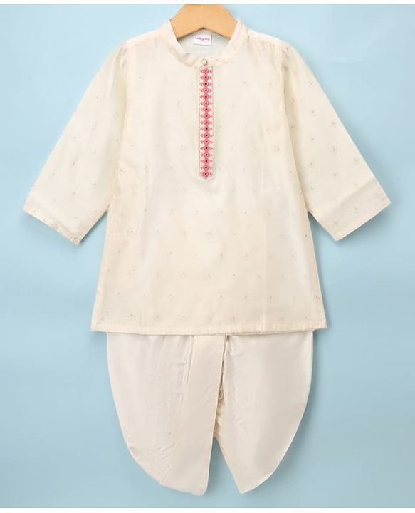 Babyhug Cotton Mix Woven Full Sleeves Foil Print Kurta & Dhoti Set - Off White