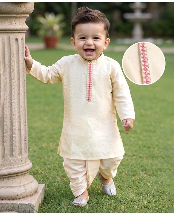 Babyhug Cotton Mix Woven Full Sleeves Foil Print Kurta & Dhoti Set - Off White