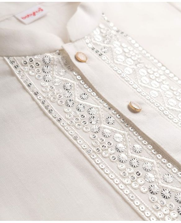 Babyhug Woven Full Sleeves Sequinned & Embroidered Neck Kurta - White