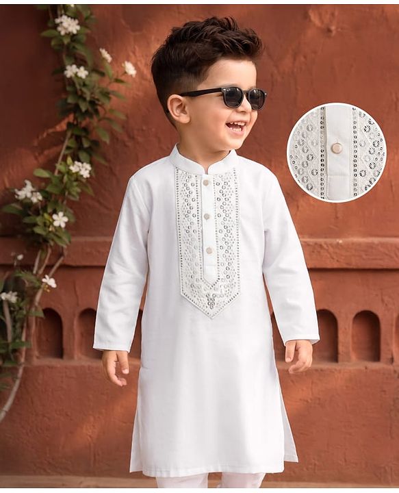 Babyhug Woven Full Sleeves Sequinned & Embroidered Neck Kurta - White