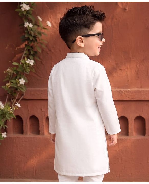 Babyhug Woven Full Sleeves Sequinned & Embroidered Neck Kurta - White