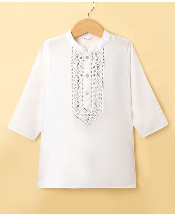 Babyhug Woven Full Sleeves Sequinned & Embroidered Neck Kurta - White