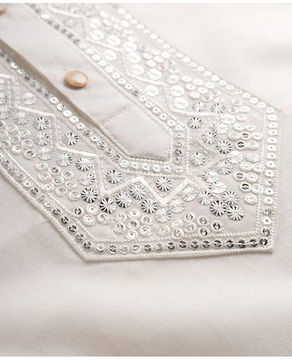 Babyhug Woven Full Sleeves Sequinned & Embroidered Neck Kurta - White