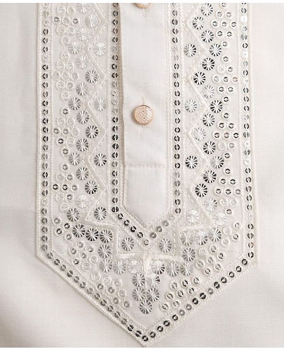 Babyhug Woven Full Sleeves Sequinned & Embroidered Neck Kurta - White