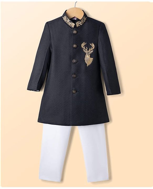 Babyhug Woven Full Sleeves Reindeer Embroidered Sherwani Set - Black