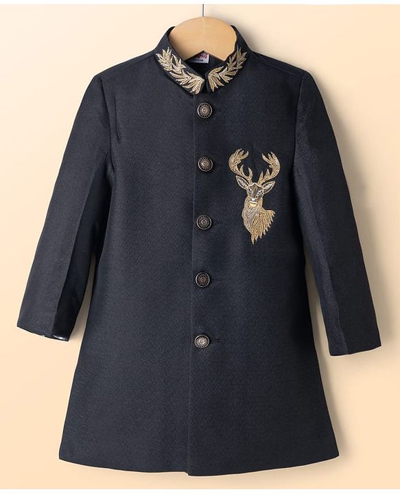 Babyhug Woven Full Sleeves Reindeer Embroidered Sherwani Set - Black