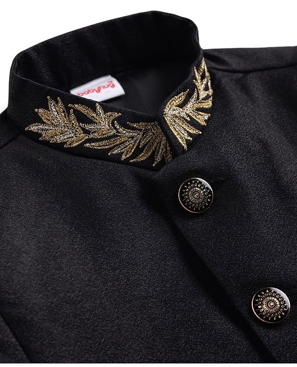 Babyhug Woven Full Sleeves Reindeer Embroidered Sherwani Set - Black