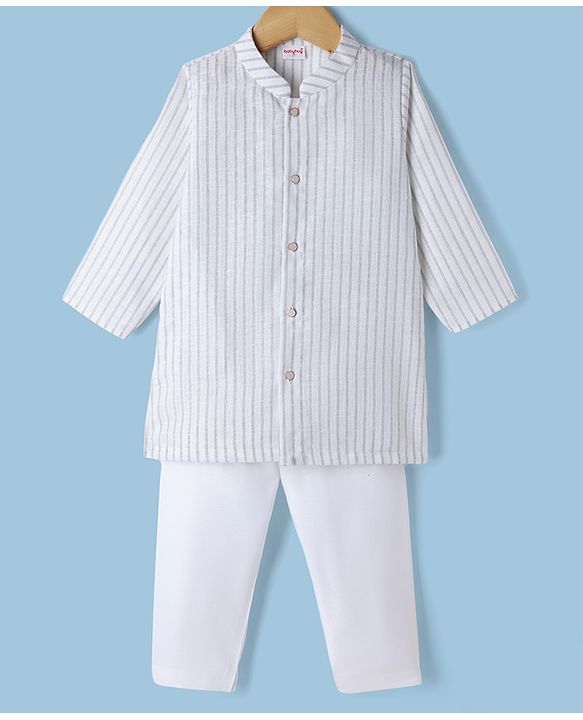 Babyhug 100% Cotton Woven Full Sleeves Striped Yarn Dyed Kurta & Pyjama Set - White & Grey