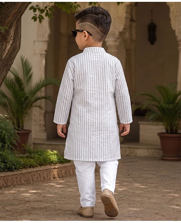 Babyhug 100% Cotton Woven Full Sleeves Striped Yarn Dyed Kurta & Pyjama Set - White & Grey