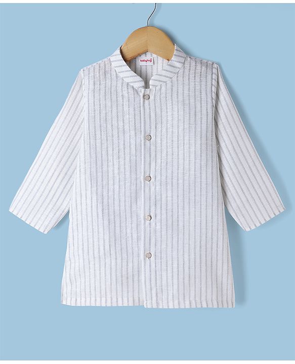 Babyhug 100% Cotton Woven Full Sleeves Striped Yarn Dyed Kurta & Pyjama Set - White & Grey