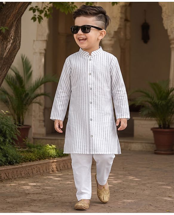 Babyhug 100% Cotton Woven Full Sleeves Striped Yarn Dyed Kurta & Pyjama Set - White & Grey
