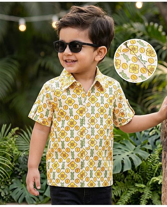 Babyhug 100% Cotton Cambric Woven Half Sleeves Floral Printed Shirt - Yellow