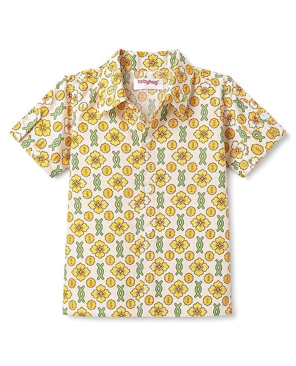 Babyhug 100% Cotton Cambric Woven Half Sleeves Floral Printed Shirt - Yellow