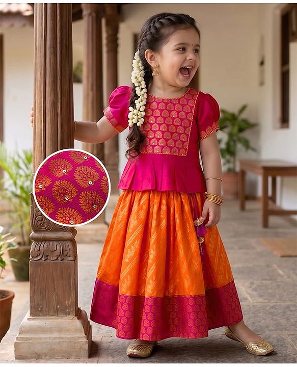 Babyhug Brocade Woven Short Sleeves Sequinned Choli Lahenga Set - Dark Pink & Orange