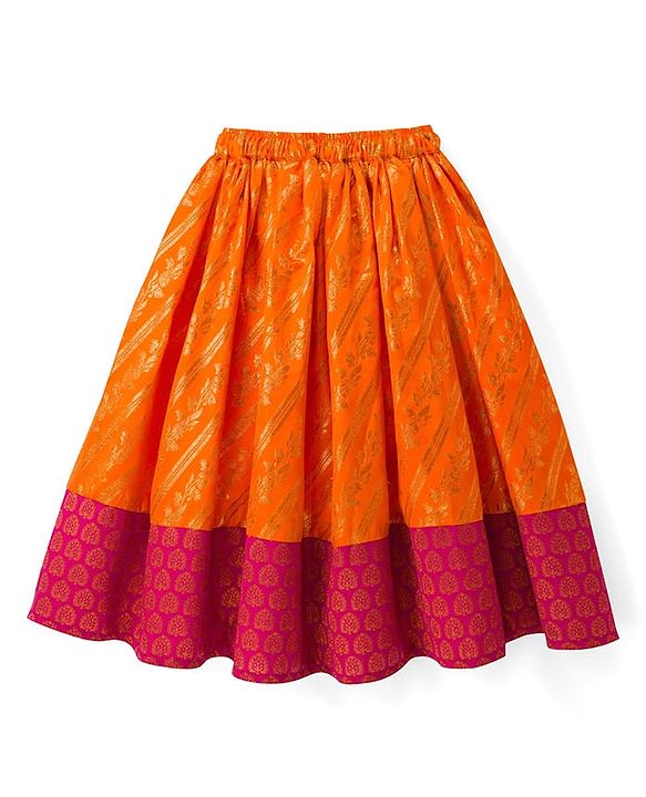 Babyhug Brocade Woven Short Sleeves Sequinned Choli Lahenga Set - Dark Pink & Orange