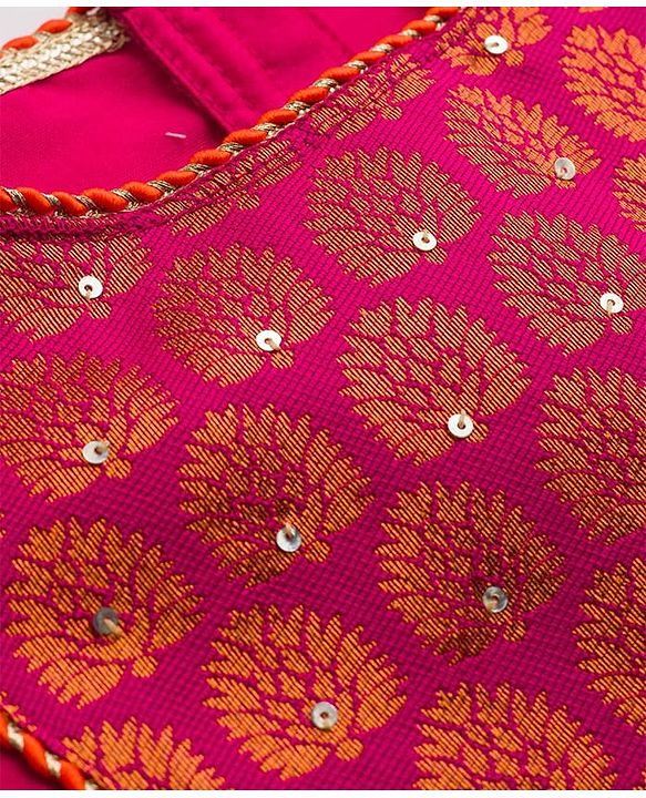 Babyhug Brocade Woven Short Sleeves Sequinned Choli Lahenga Set - Dark Pink & Orange