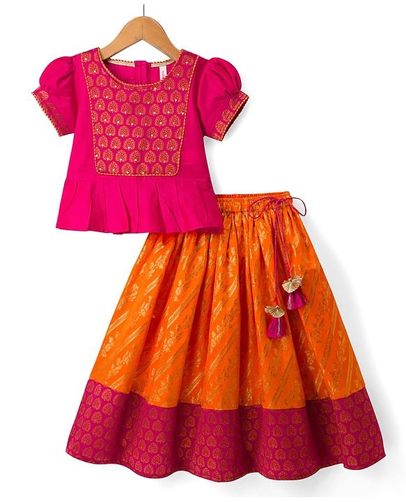 Babyhug Brocade Woven Short Sleeves Sequinned Choli Lahenga Set - Dark Pink & Orange
