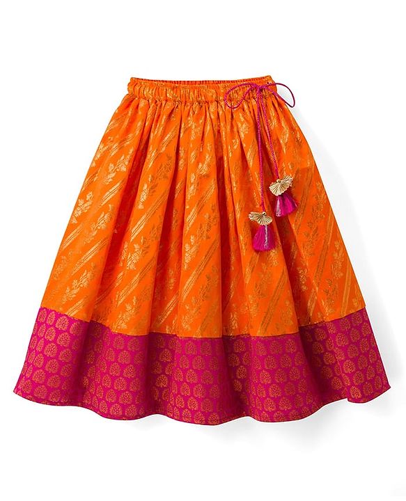 Babyhug Brocade Woven Short Sleeves Sequinned Choli Lahenga Set - Dark Pink & Orange