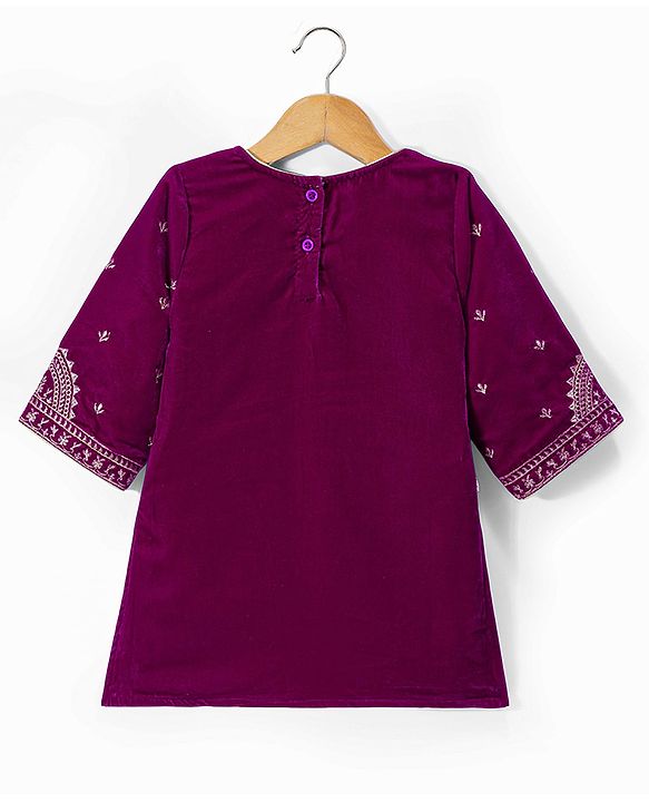Babyhug Chanderi Woven Three Fourth Sleeves Floral Embroidered Kurti Salwar Set with Dupatta - Wine
