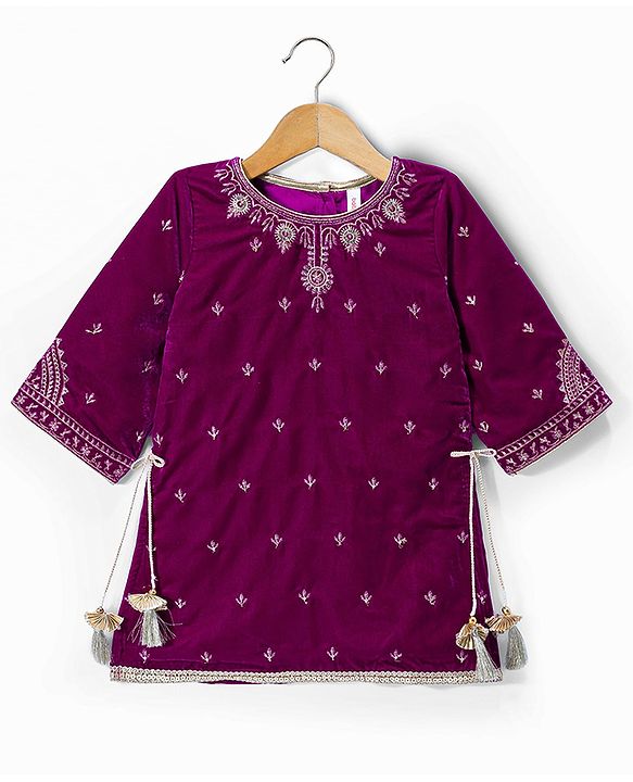 Babyhug Chanderi Woven Three Fourth Sleeves Floral Embroidered Kurti Salwar Set with Dupatta - Wine