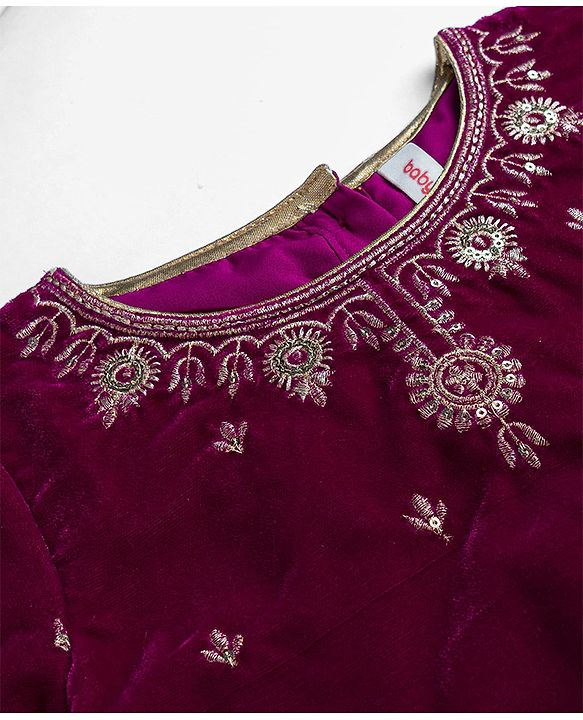 Babyhug Chanderi Woven Three Fourth Sleeves Floral Embroidered Kurti Salwar Set with Dupatta - Wine