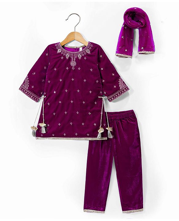 Babyhug Chanderi Woven Three Fourth Sleeves Floral Embroidered Kurti Salwar Set with Dupatta - Wine