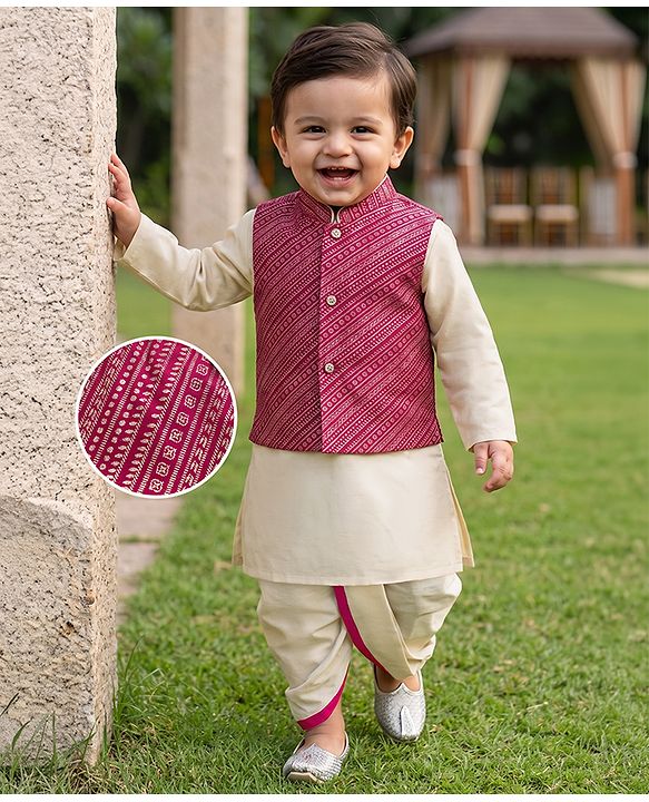 Babyhug Woven Full Sleeves Solid Colour Dhoti Kurta Set With Foil Printed Jacket - Beige & Dark Pink