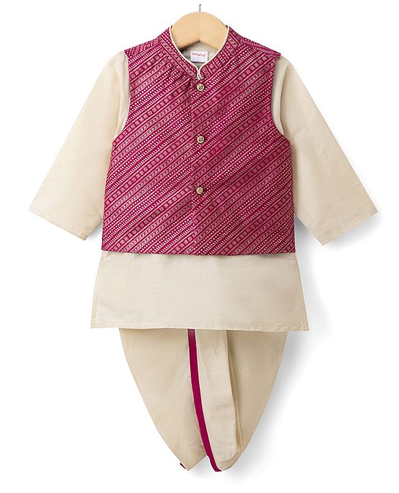 Babyhug Woven Full Sleeves Solid Colour Dhoti Kurta Set With Foil Printed Jacket - Beige & Dark Pink