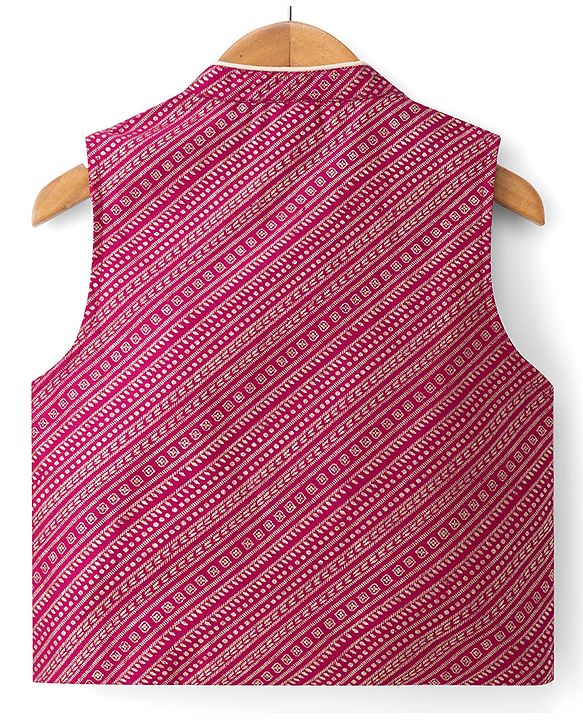 Babyhug Woven Full Sleeves Solid Colour Dhoti Kurta Set With Foil Printed Jacket - Beige & Dark Pink