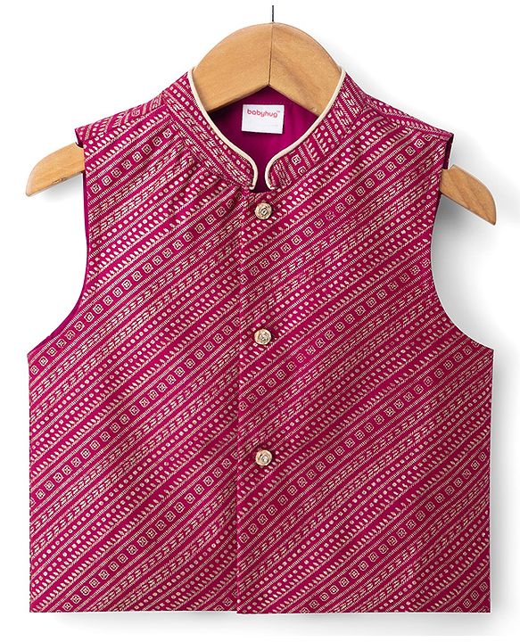 Babyhug Woven Full Sleeves Solid Colour Dhoti Kurta Set With Foil Printed Jacket - Beige & Dark Pink