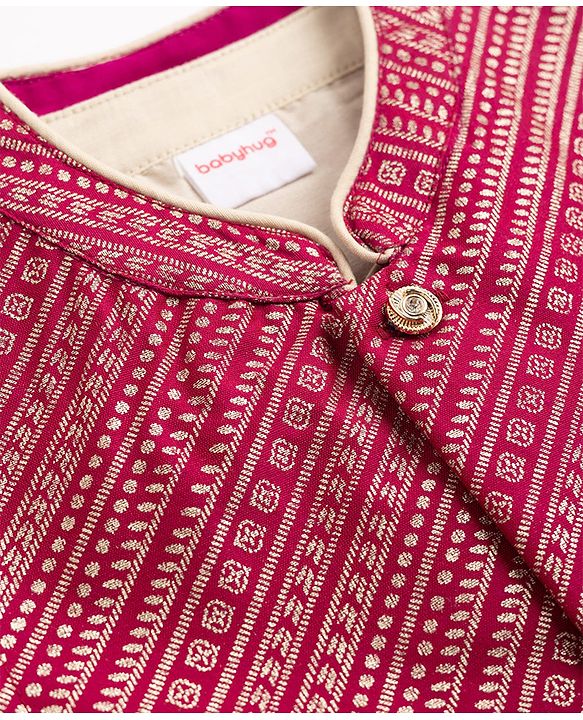 Babyhug Woven Full Sleeves Solid Colour Dhoti Kurta Set With Foil Printed Jacket - Beige & Dark Pink